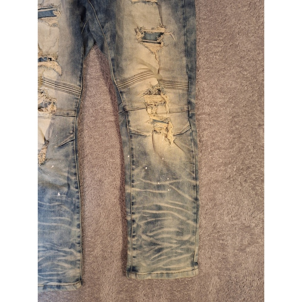 SMOKE RISE DENIM CO Mens Jeans 40x32 Blue Distressed Moto Ripped Splatter Grunge - Picture 4 of 16
